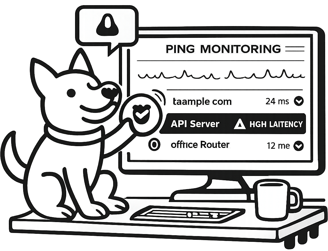 Ping monitoring dashboard showing latency and an alert