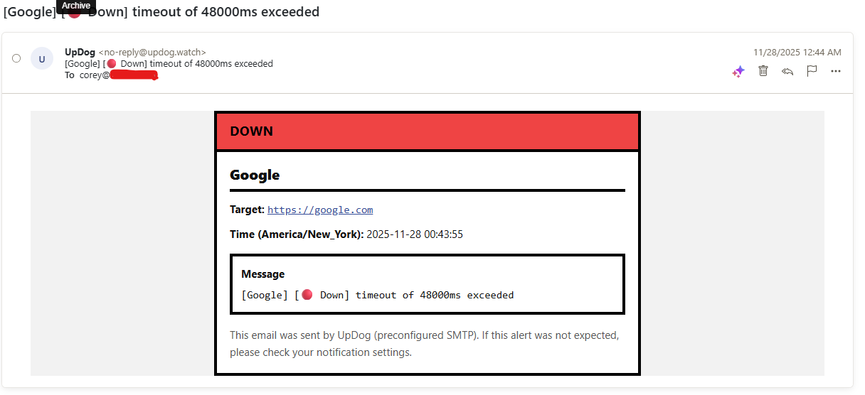 Notification example from a test incident in UpDog
