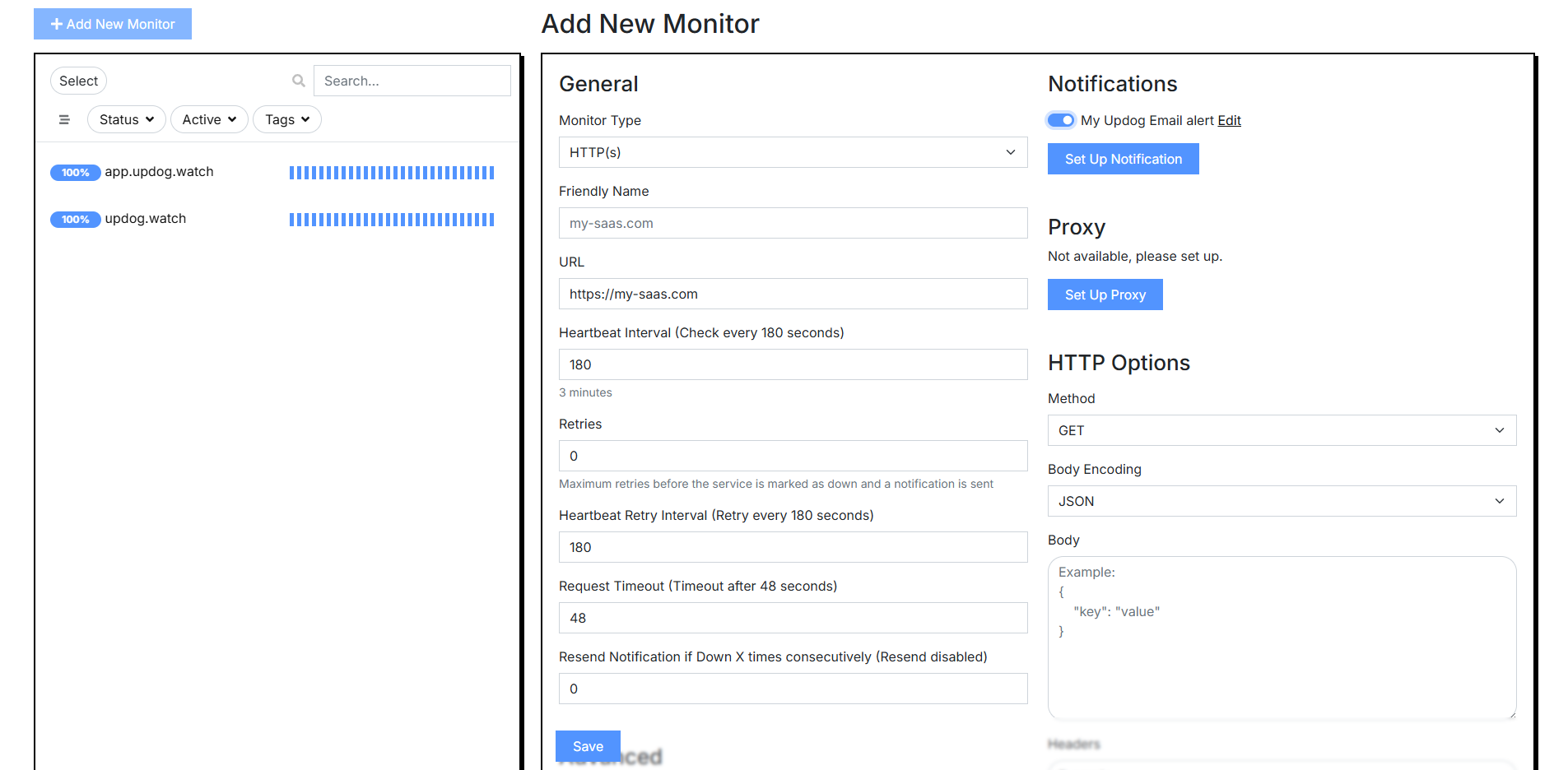 Adding a new HTTP uptime monitor in UpDog