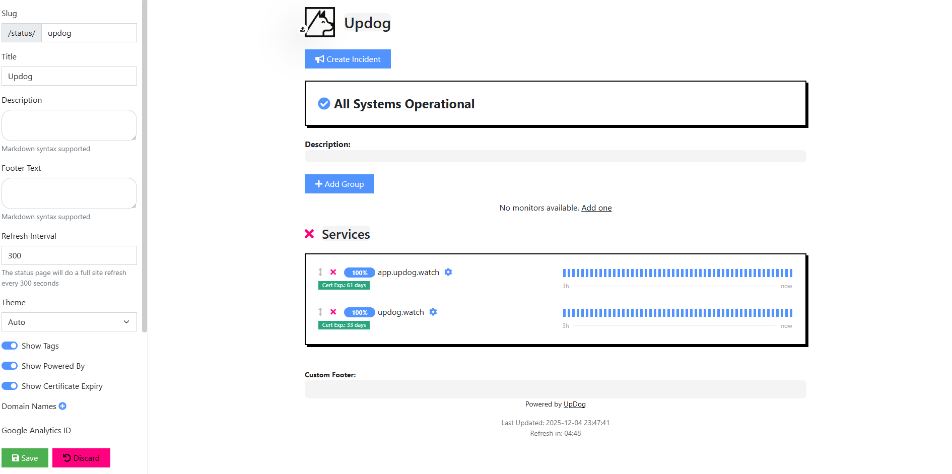 Configuring a public status page in UpDog
